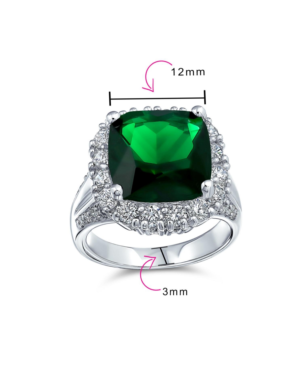 Bling Jewelry Large Fashion Solitaire Cubic Zirconia Pave Cz Cushion Cut 7CTW CzCocktail Statement Ring For Women - Green