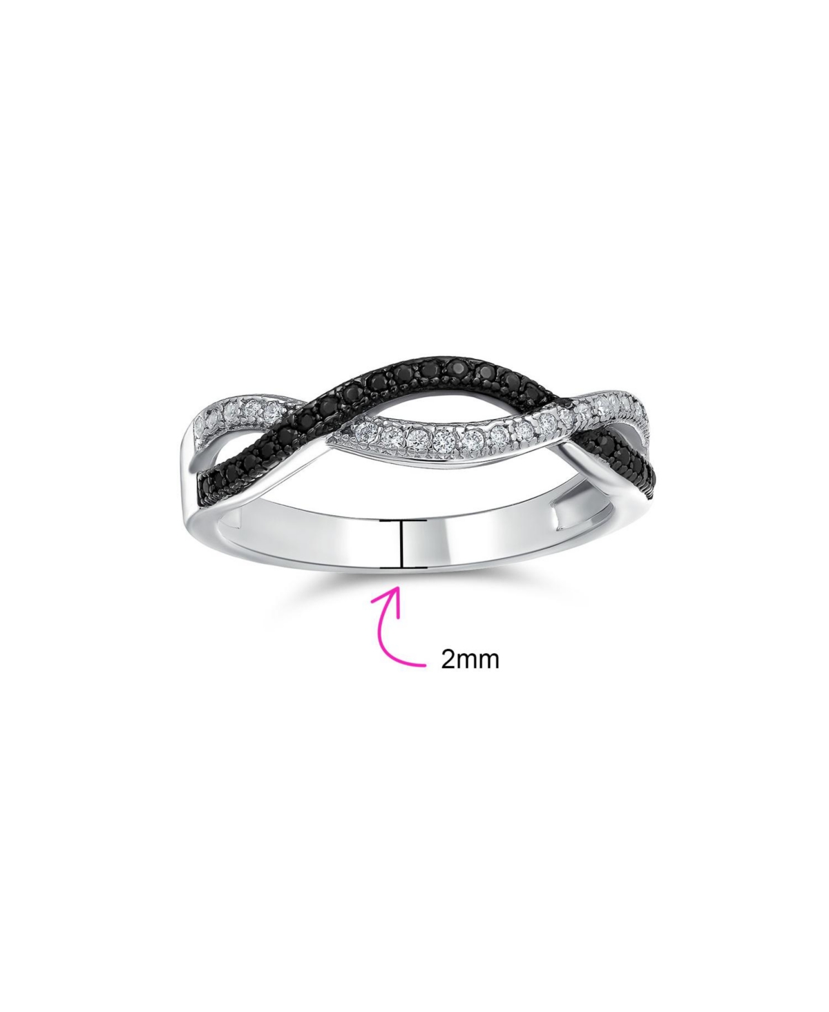 Bling Jewelry Two Tone Black White Cz Intertwined Rope Twist Knot 1/2 Eternity Clear Pave Cubic Zirconia Infinity Band Ring For Women .925 Sterling Si