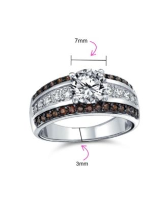 3CTW CZ Two Tone Chocolate Brown Color Clear Round Solitaire Promise Ring 3 Row Wide Pave Band Silver Plated