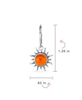 Tropical Vacation Beach Sun Rise Natural Amber Round Sunburst Dangle Drop Earrings Lever back Oxidized Sterling Silver