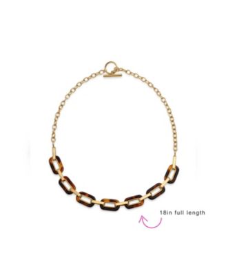 Fashion Golden Brown Oval Link Faux Tortoise Shell Collar Necklace Gold Plated Stainless Steel Chain Toggle Clasp