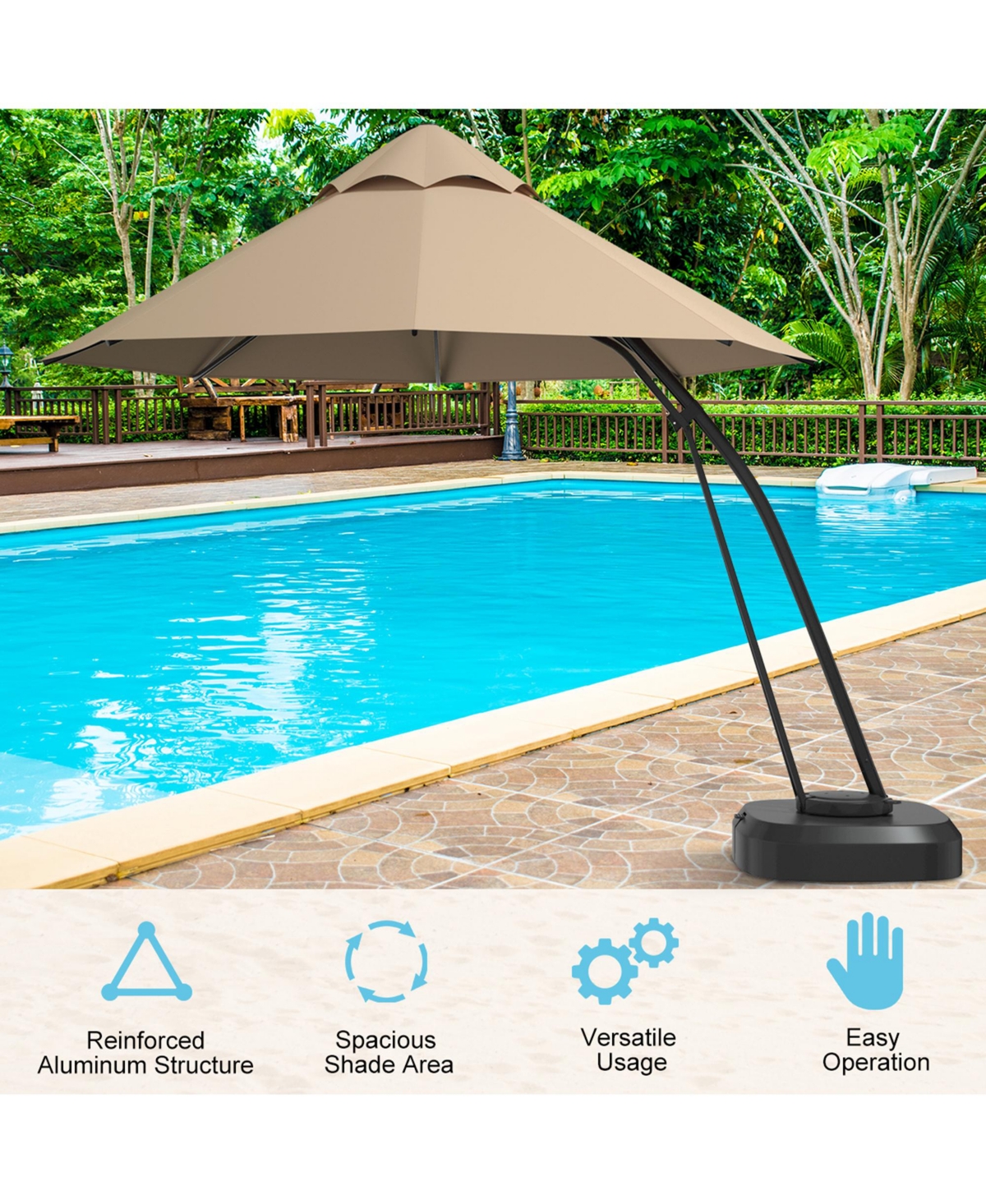 Gymax Patio Cantilever Hand Push Offset Hanging Umbrella w/ Wheels Base Turquoise -khaki