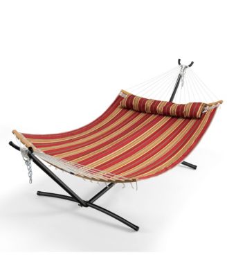 Hammock w/ Pillow Curved Bamboo Spreader Bar Chain Portable Indoor Outdoor