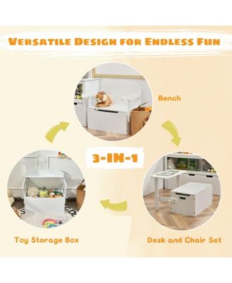 3-in-1 Kids Convertible Storage Bench Wood Activity Table and Chair Set