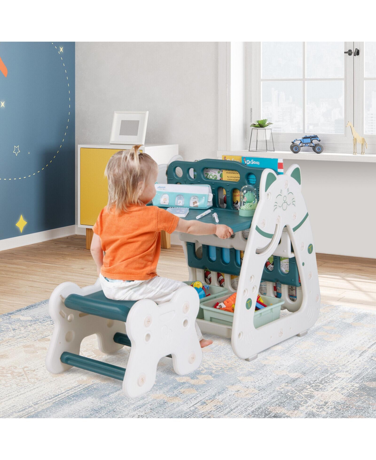 Slickblue 3-In-1 Double Sided Magnetic Dry-Erase Board with Stool and Flipped Writing Desktop