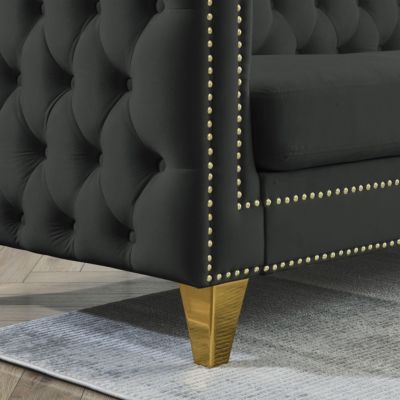  Modern Black Velvet Sofa with Tufted Square Arm