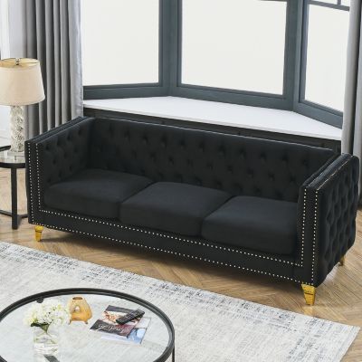  Modern Black Velvet Sofa with Tufted Square Arm