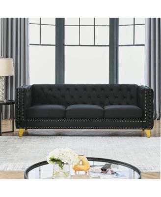  Modern Black Velvet Sofa with Tufted Square Arm