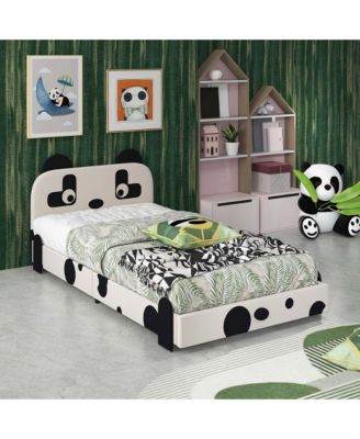 Twin Size Kids Bed Toddler Upholstered Low Profile Bed Frame with Panda Headboard