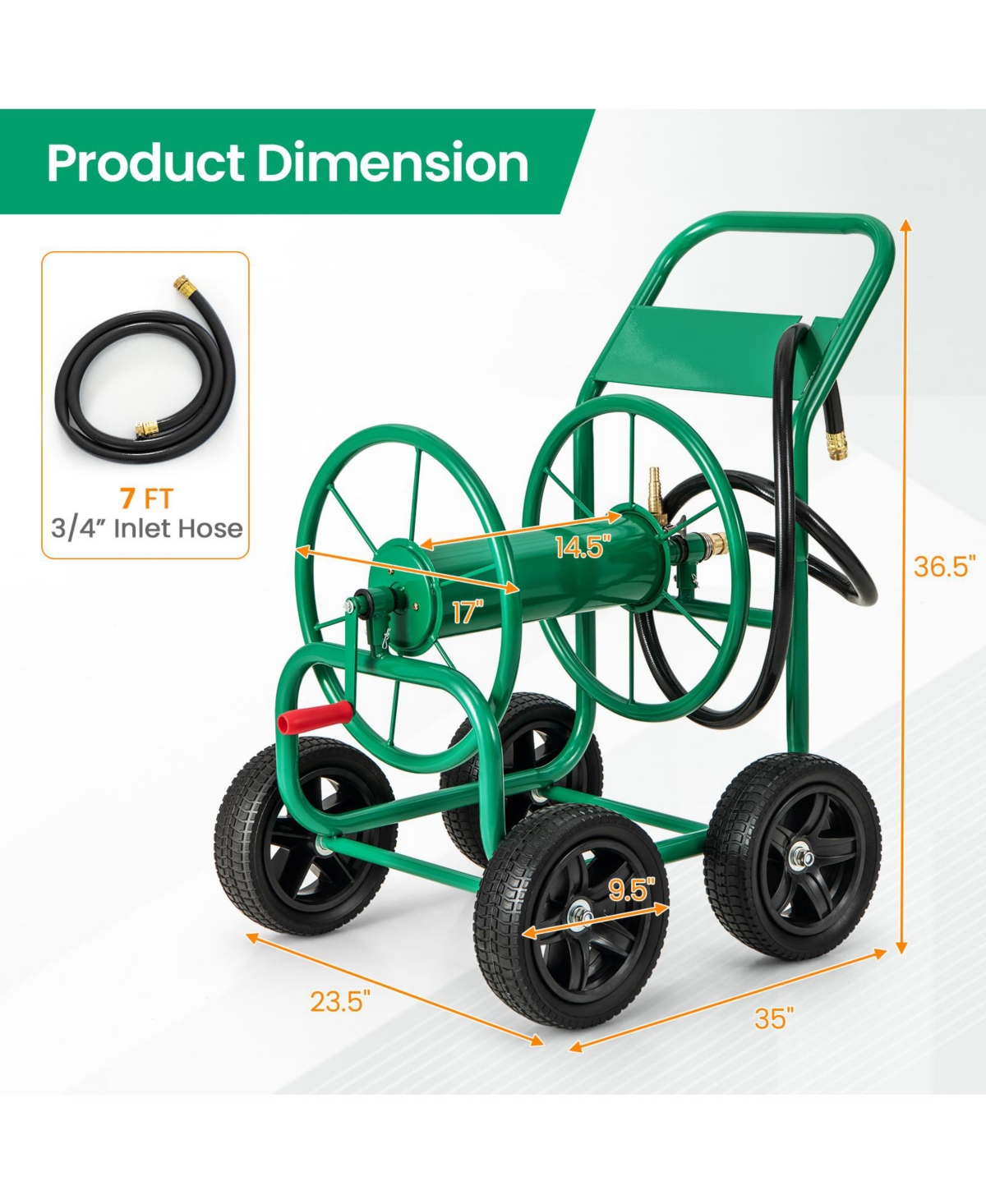 Inolait Garden Water Hose Reel Cart with 4 Wheels and Non-slip Grip