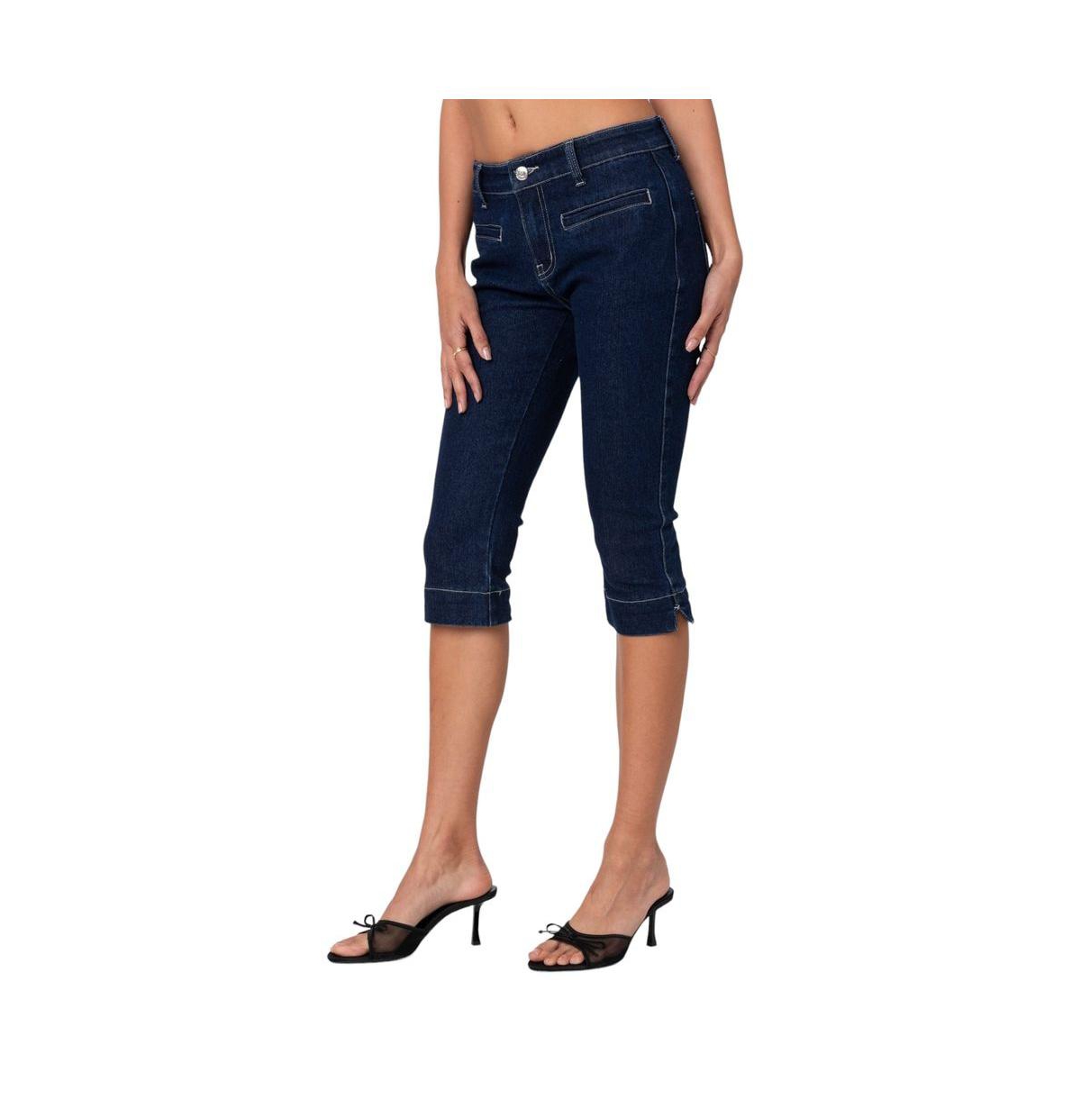 Edikted Women's Contrast Stitch Capri Jeans - Indigo-blue-raw-washed
