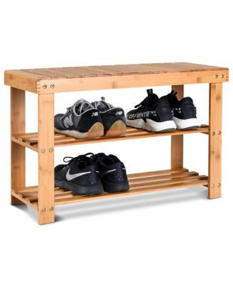 2-Tier Bamboo Shoe Bench Storage Racks Seat Organizer Entryway Hallway