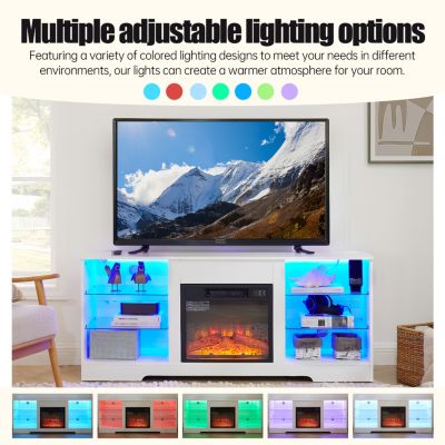 Modern Electric Fireplace TV Stand with Glass Shelves