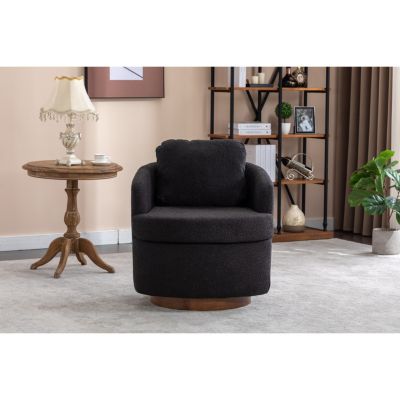 Black Boucle Swivel Accent Chair with Wood Base