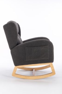 Teddy Fabric Rocking Chair With Packet Wood Legs, Dark Gray
