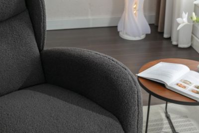 Teddy Fabric Rocking Chair With Packet Wood Legs, Dark Gray