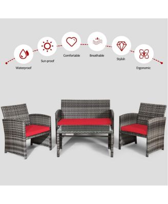 4 Pieces Patio Rattan Furniture Set with Glass Table and Loveseat