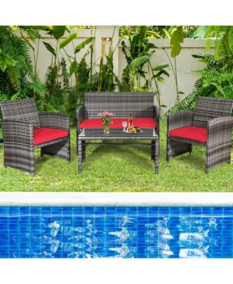4 Pieces Patio Rattan Furniture Set with Glass Table and Loveseat