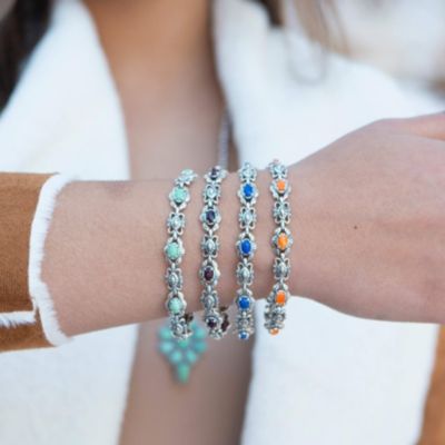 Sterling Silver Women's Link Bracelet Oval Blue Turquoise Gemstone Size Small - Large