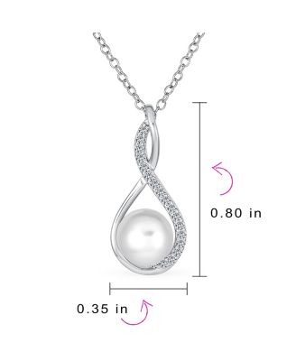 Elegant Forever Knot Twist Infinity Teardrop Cultured Freshwater White Pearl Necklace Pendant CZ Pave Sterling Silver 16-18 Inch