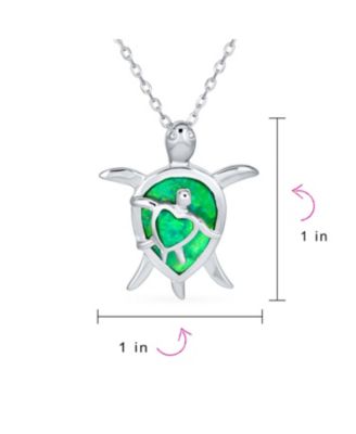 Nautical Beach Vacation Synthetic Opal Inlay Green Heart Mother Mom Baby Sea Turtle Pendant Necklace Sterling Silver