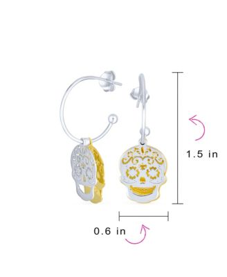 Dia de los Muertos Jewelry Caribbean Biker Halloween Pirate Skull Stud Hoop Earrings Two Tone Gold Plated Sterling Silver