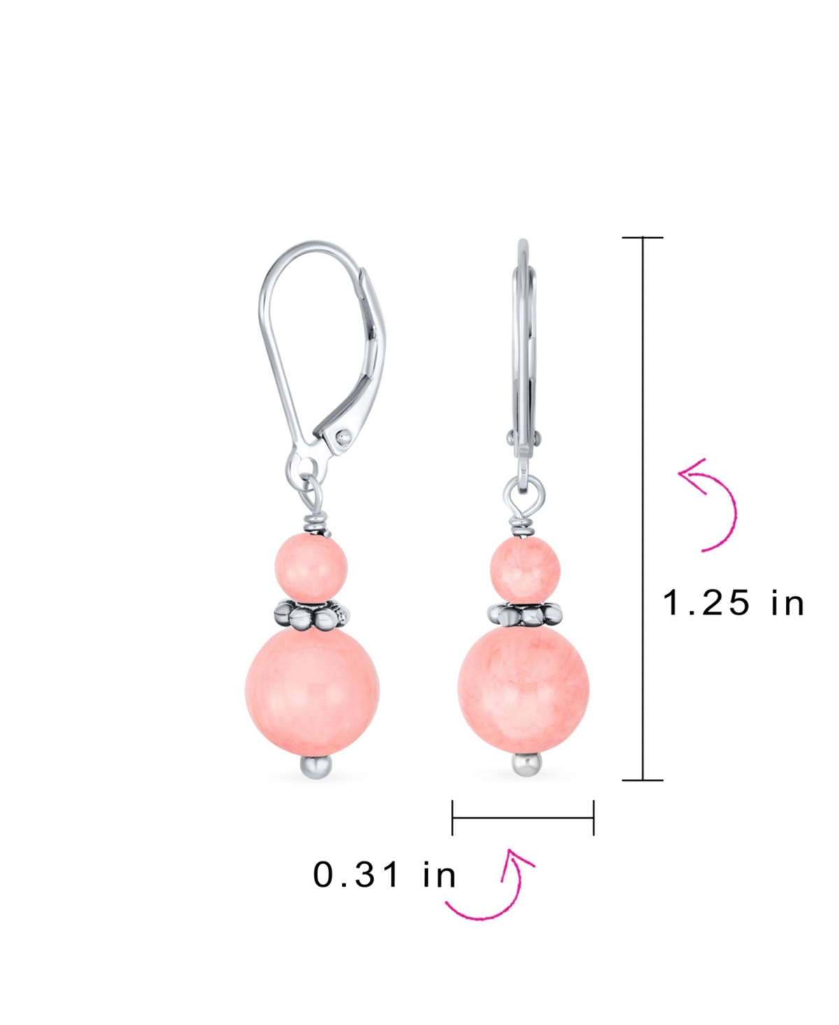Bling Jewelry NaturalBali Milgrain Edged Beaded Rondel Separator Double Ball Round Drop Dangle Earrings Sterling Silver Lever back - Pink