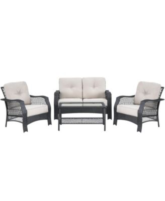 4 Pieces Patio Wicker Furniture Conversation Sets with Coffee Table and Cushions