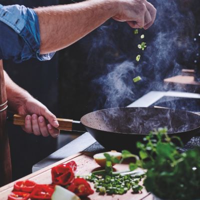 Forest 12” Carbon Steel Wok Pan - Stay-Cool Acacia Handle