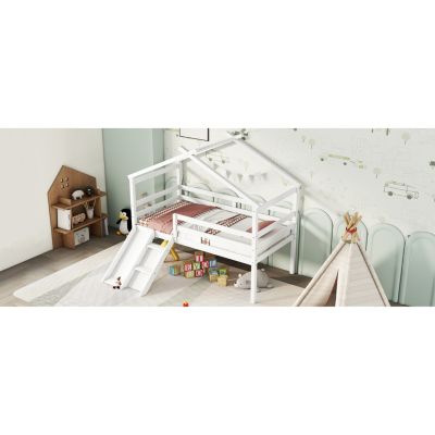 Twin House Bed with Slide, Ladder, and Safety Rails