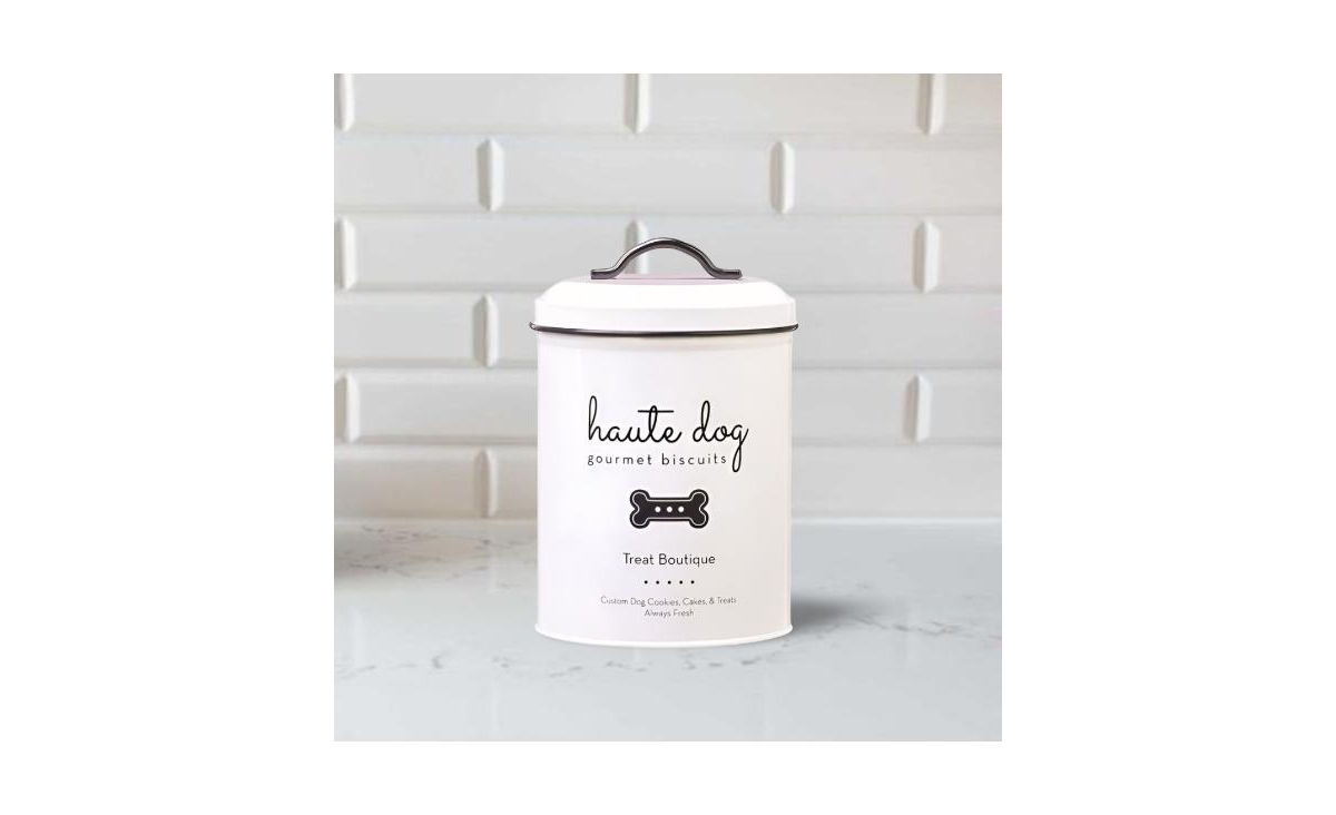 Amici Pet Haute Dog Gourmet Biscuits Metal Storage Canister, 72 oz., White & Black - White  black