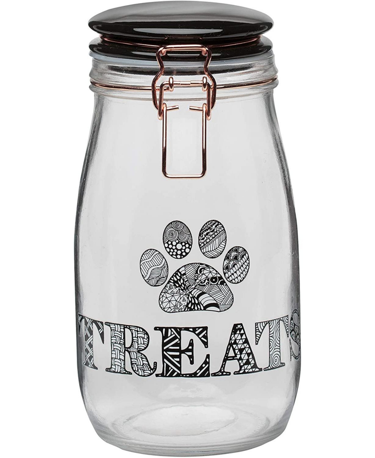 Benji Glass Treat Canister Hermetic Lid, Zentangle Decal, 51 oz., Clear w/ Black Lid - Clear w/ black lid