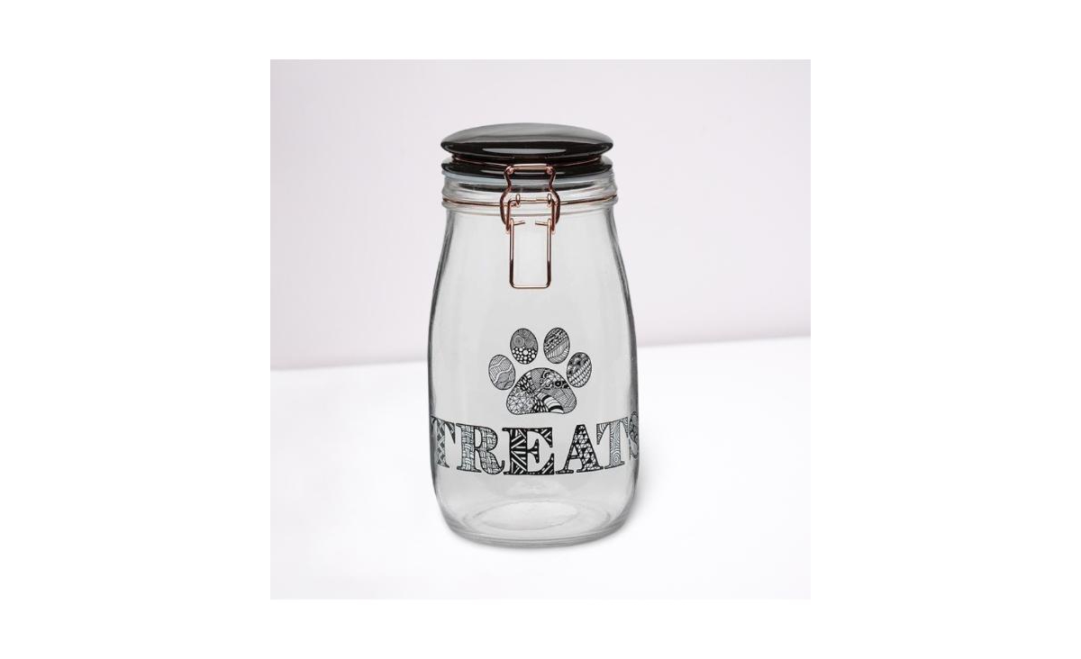 Amici Pet Benji Glass Treat Canister Hermetic Lid, Zentangle Decal, 51 oz., Black Lid - black lid
