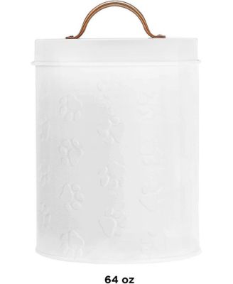 Puppy Paws White Metal Food Canister, Small, Airtight Seal, Removable Lid, and Metal Cooper Handle for Fresh and Stylish Pet Food Storage, 64 oz.