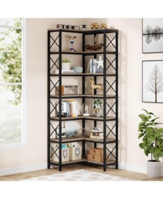 7 Shelf Corner Bookcase, Industrial Large Corner Bookshelf with Metal Frame