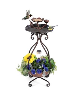 Solar Outdoor Bird Bath Feeder Combo with Flower Planter Pedestal and Solar Lights