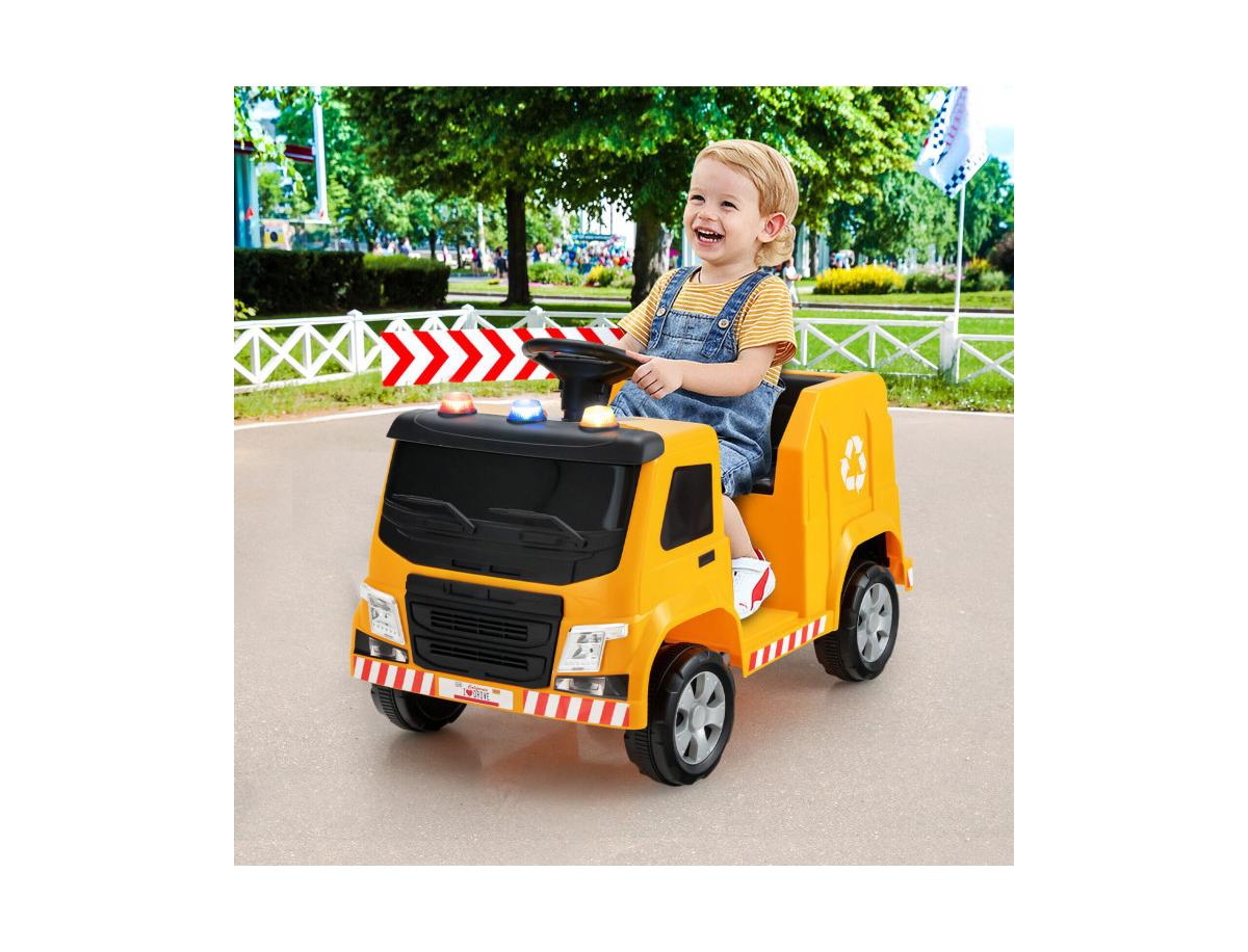 Slickblue 12V Kids Ride-on Garbage Truck with Warning Lights and 6 Recycling Accessories