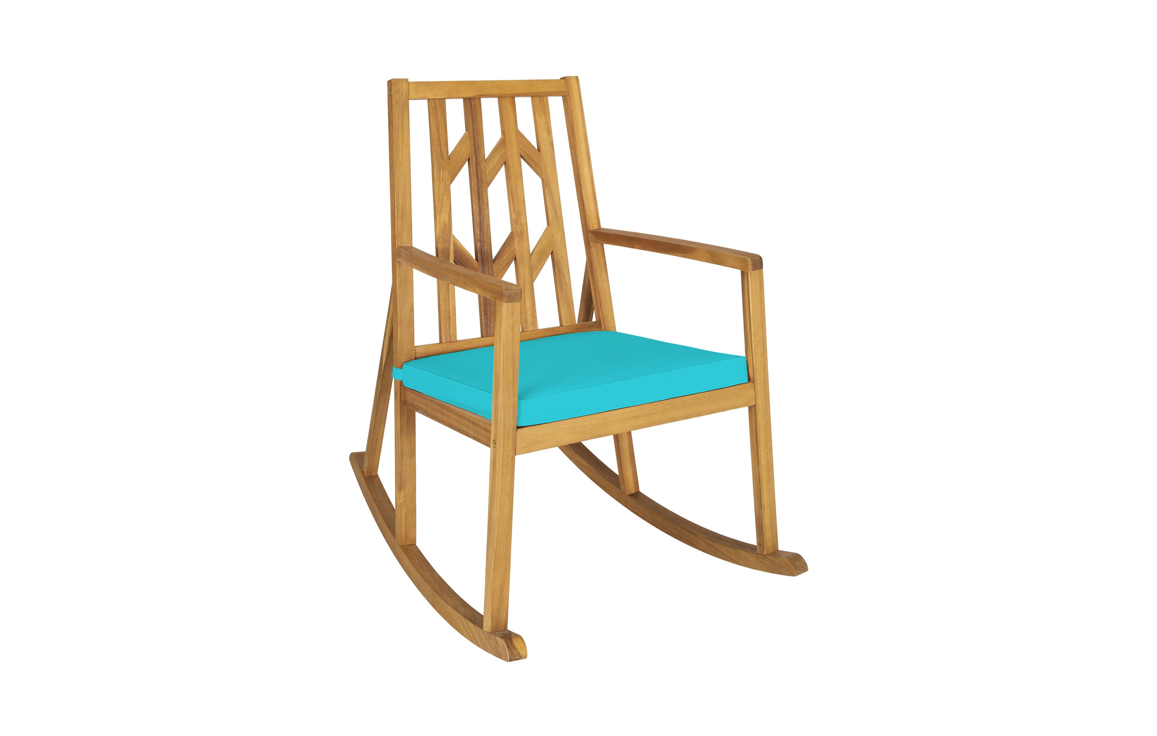 Gymax Outdoor Acacia Wood Rocking Chair Wooden Patio Rocker w/ Turquoise Cushion