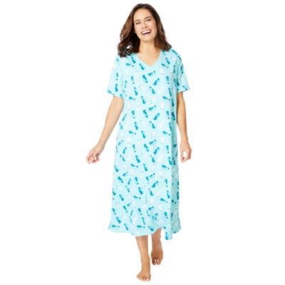 Women's Dreams and Co. V-Neck Short Sleeve Midi Cotton Sleep Shirt