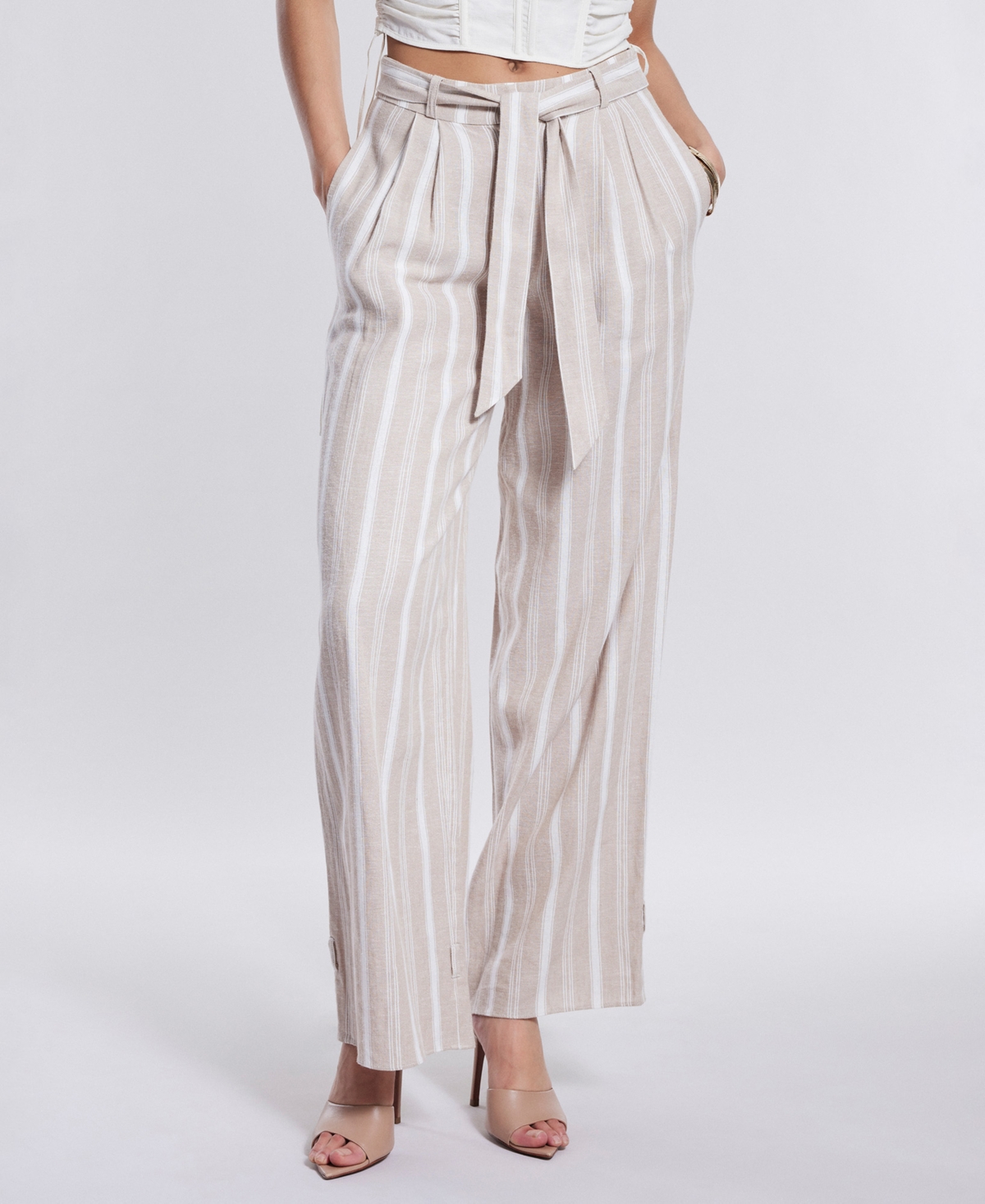 Women's Striped Wide-Leg Pants - Tan Stripe