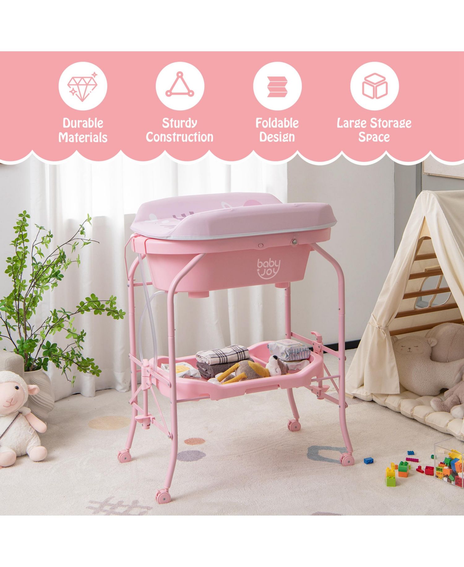 Baby Changing Table with Bathtub, Folding Diaper Station with Wheels