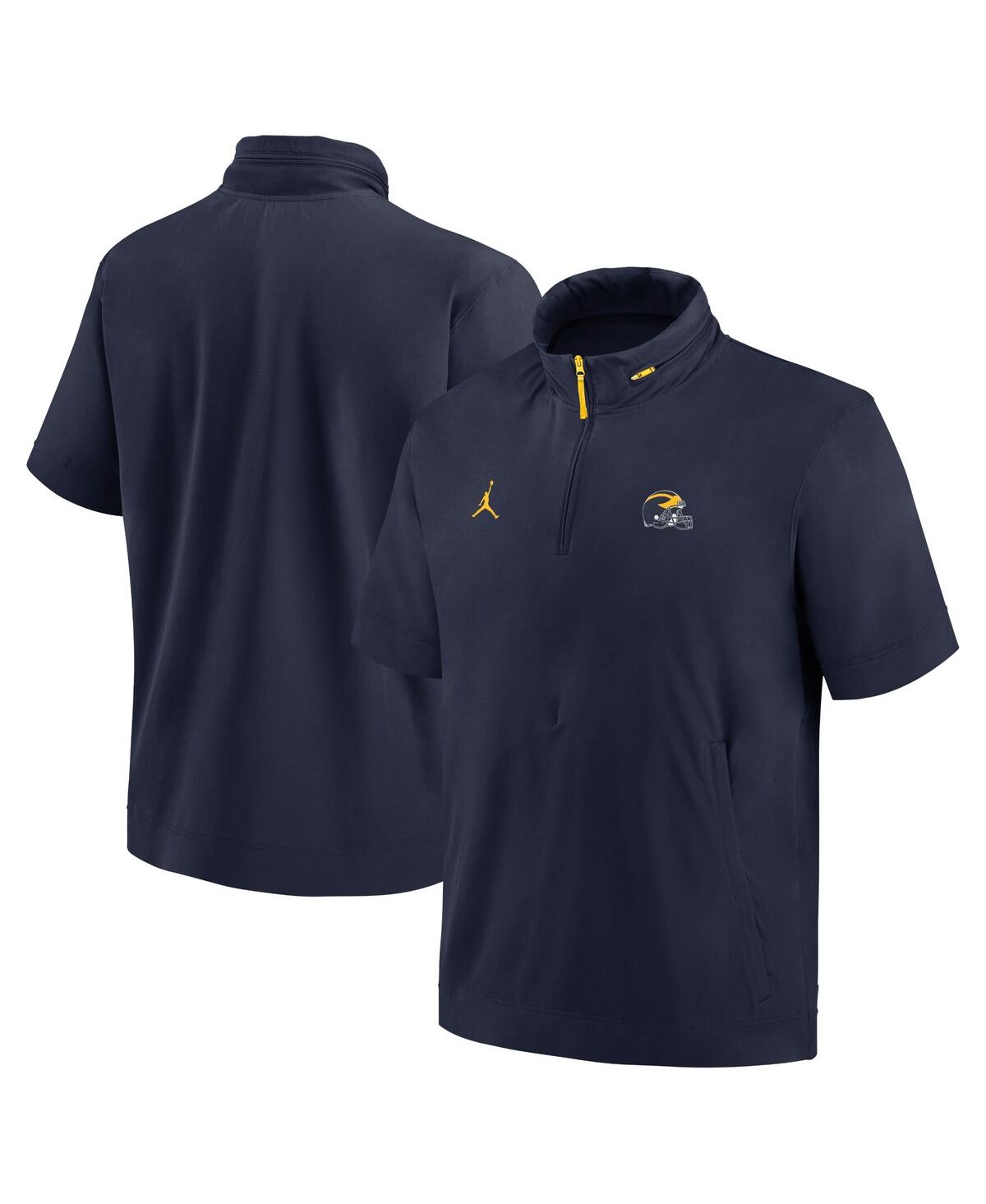 Men's Navy Michigan Wolverines 2024 Sideline Coach Short Sleeve Half-Zip Hoodie Jacket - Navy, Maize