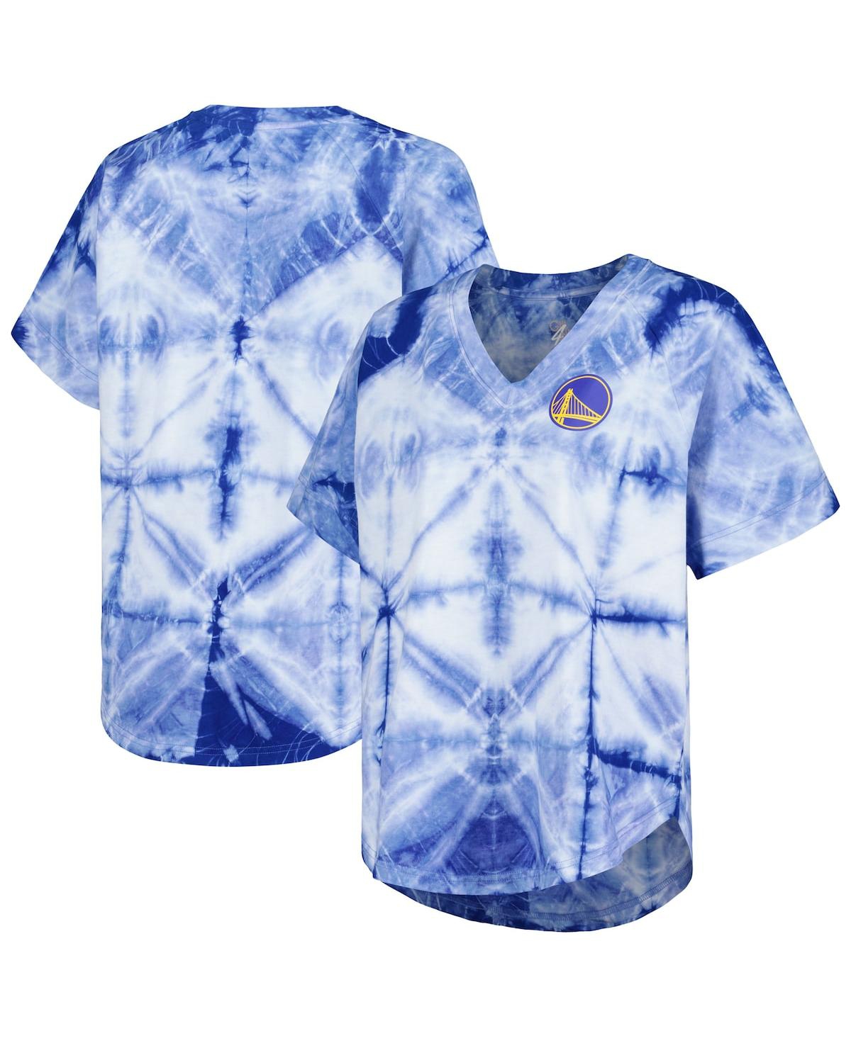G-iii 4her By Carl Banks Women's Royal Golden State Warriors Tournament Raglan Oversized Tie-dye V-neck T-shirt In Blue