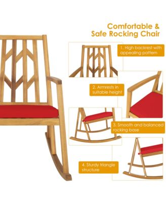 Outdoor Acacia Wood Rocking Chair Wooden Patio Rocker w/ Red Cushion