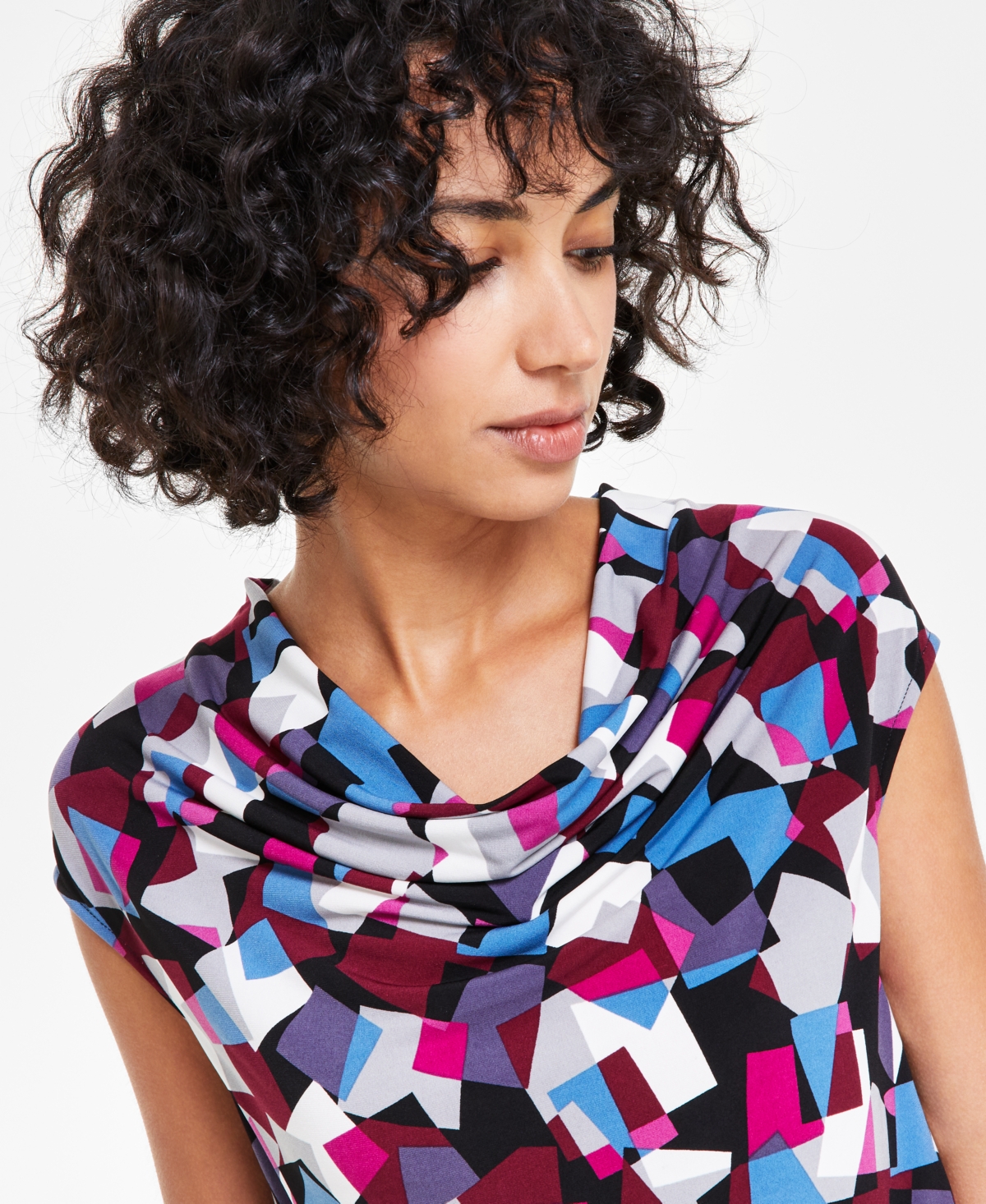 Kasper Petite Cowlneck Abstract-Print Knit Top -Cerise Multi