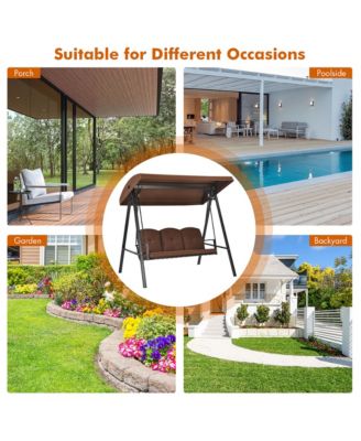 Outdoor 3-Seat Porch Swing with Adjust Canopy and Cushions Brown