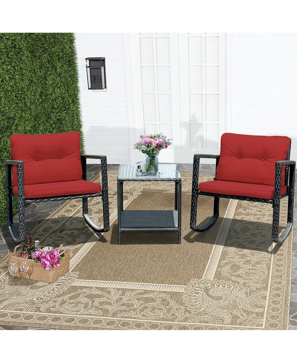 Sugift 3 Pieces Cushioned Patio Rattan Set with Rocking Chair and Table- Red