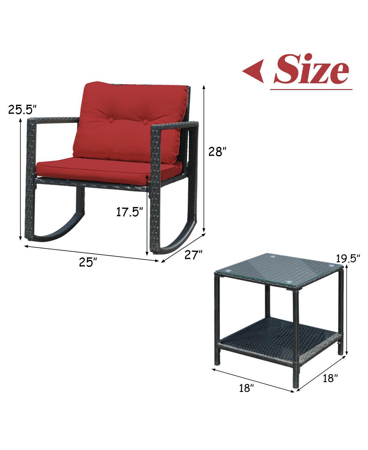 Sugift 3 Pieces Cushioned Patio Rattan Set with Rocking Chair and Table- Red