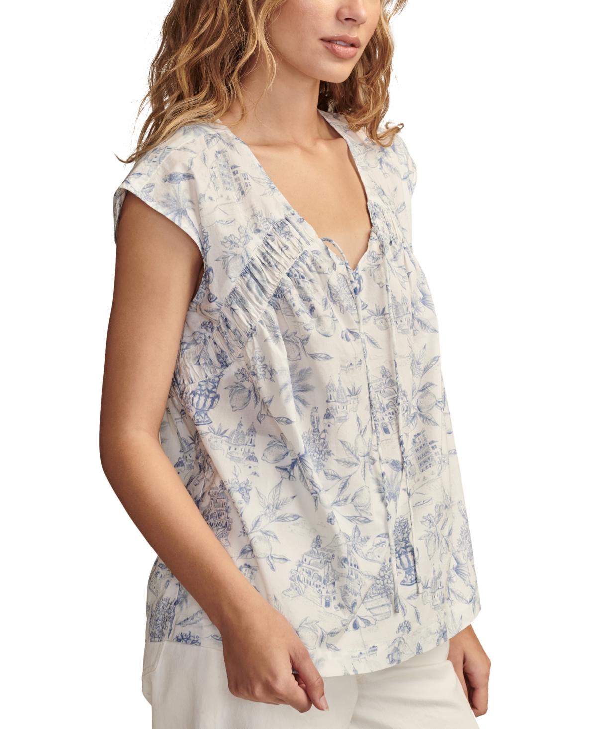 Lucky Brand Women's Toile-Print Ruched Tie-Front Top