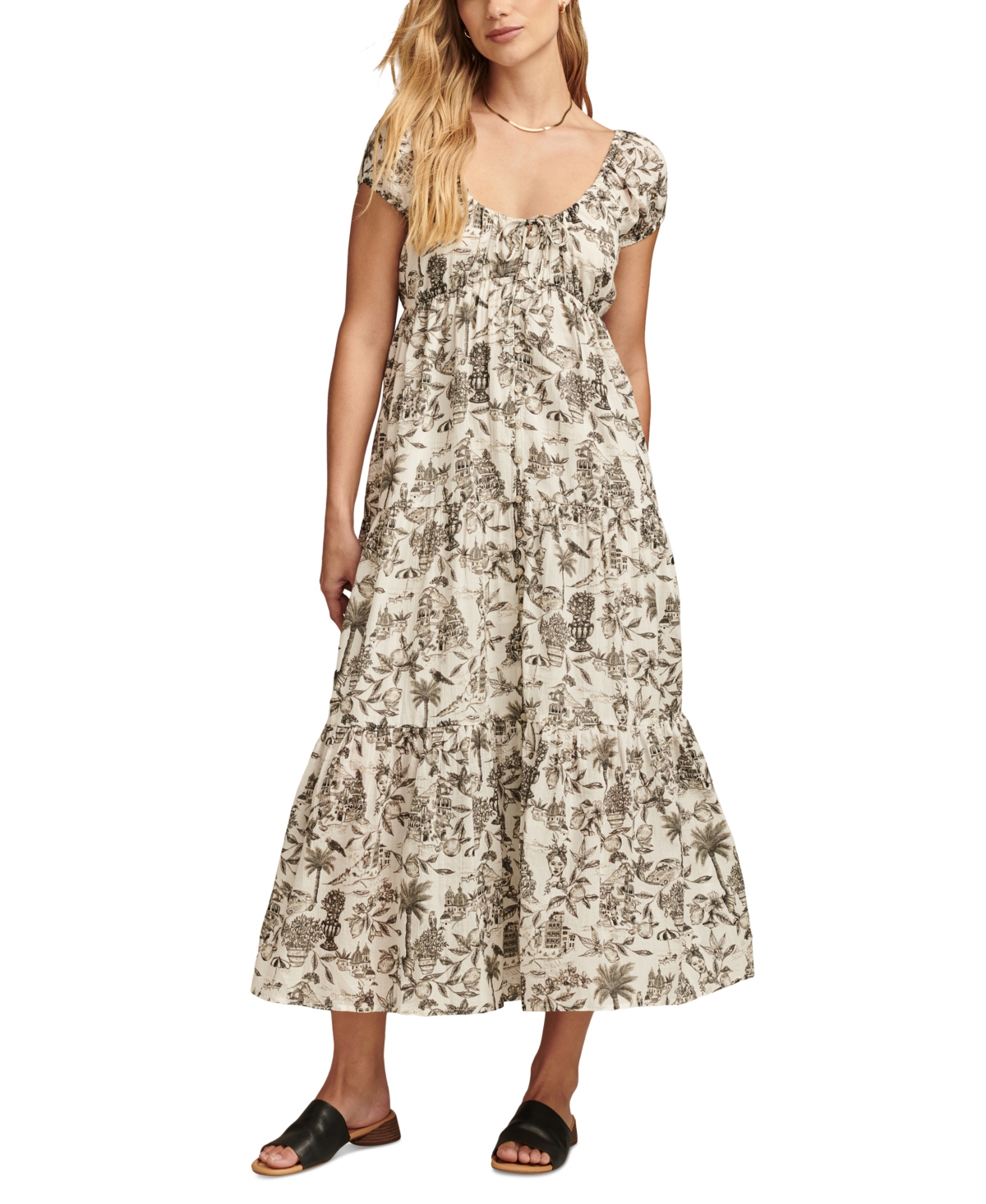 chinese dress ladies Lucky Brand Women's Printed Ruffle Sleeve Midi Dress, Pink Floral, X-Small  at Amazon Women's Clothing store